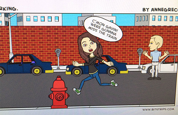 Bitstrip of us nearly missing the train on our way to tour Grind NYC
