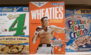 Cereal boxes on a shelf