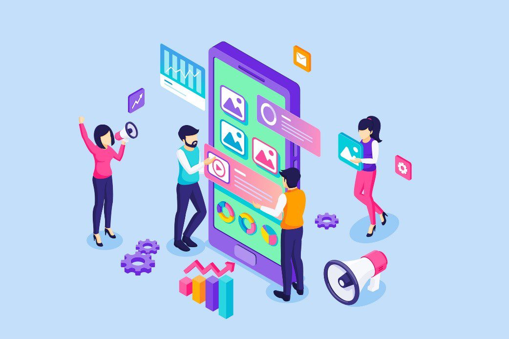 vector image of people standing in front of and building a mobile device 