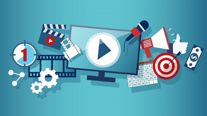 vector image of video icons and symbols such as slate, play button, microphone, and more