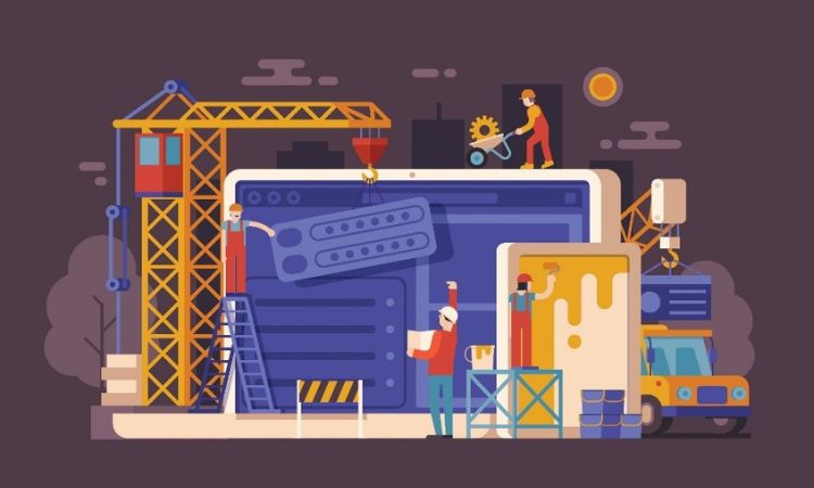 vector image of a construction site around a laptop