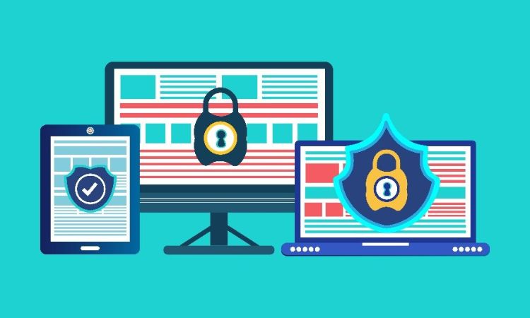 vector image of monitor, laptop, and tablet, all with lock icons on them