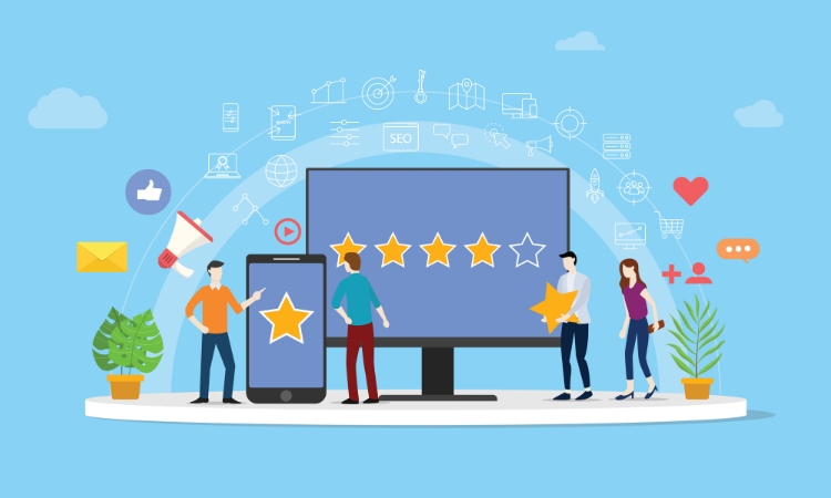 vector image of a mobile and desktop with stars on them that indicate engagement and likes 