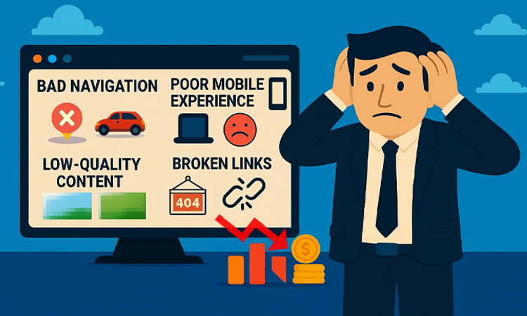illustration imagge of a man concerned with his hands on his head, standing next to a monitor that shows how poorly is website is performing